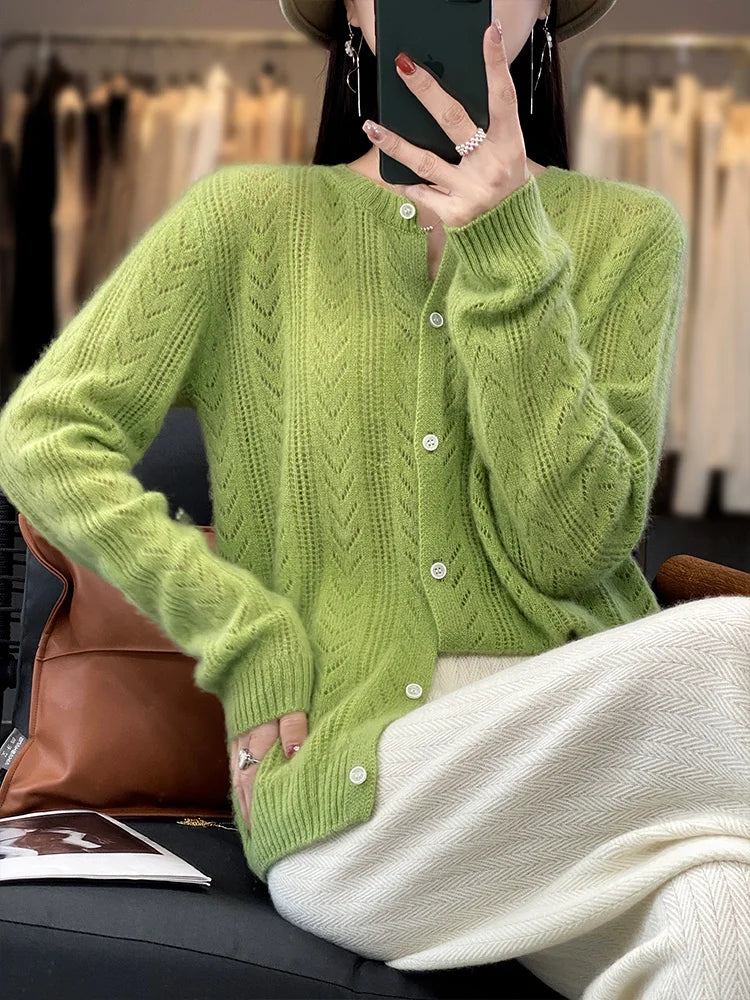 Cardigan tricot en laine à col rond pour femmes