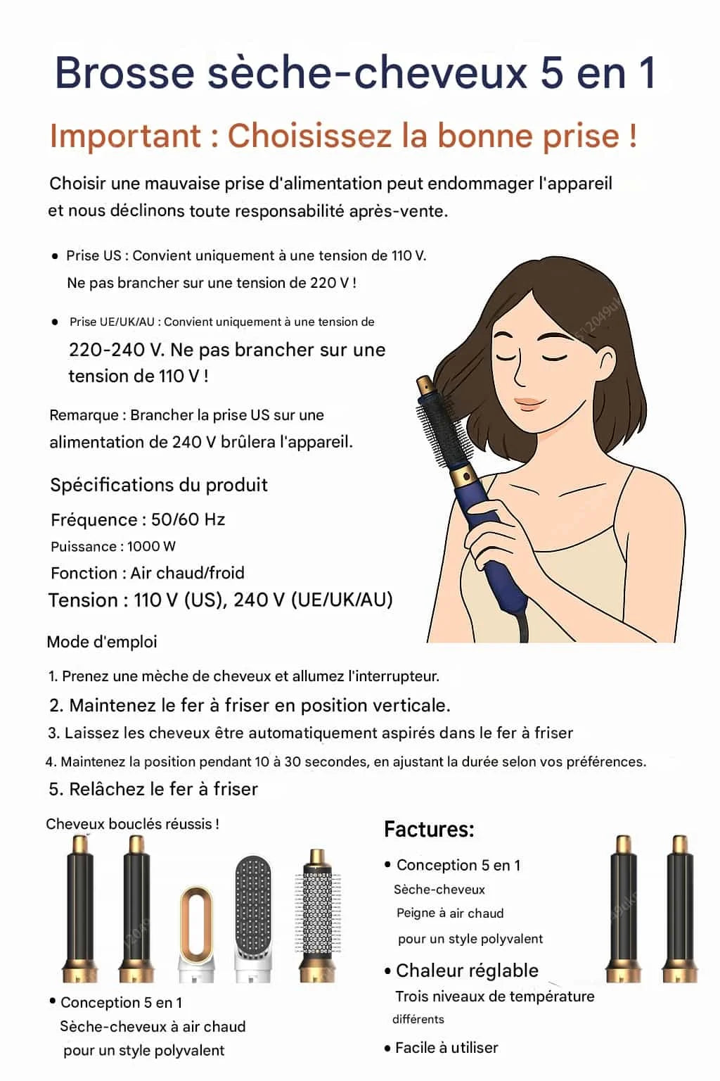 Brosse Soufflante 5 en 1 à Air Chaud - Séchage, Lissage & Brushing Rapide