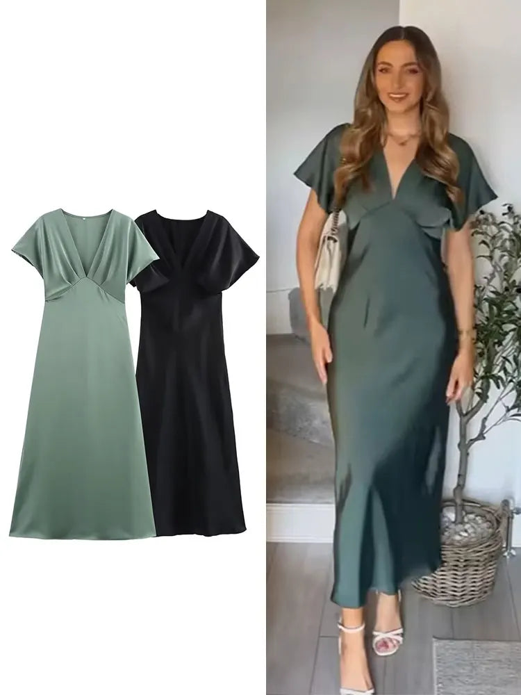 Robe élégante à Col V en Satin