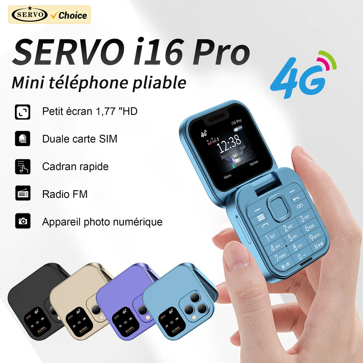 Mini Téléphone SERVO I16 Pro à Clapet 4G – Double SIM, Radio FM, Lecteur Vidéo & Numérotation Rapide