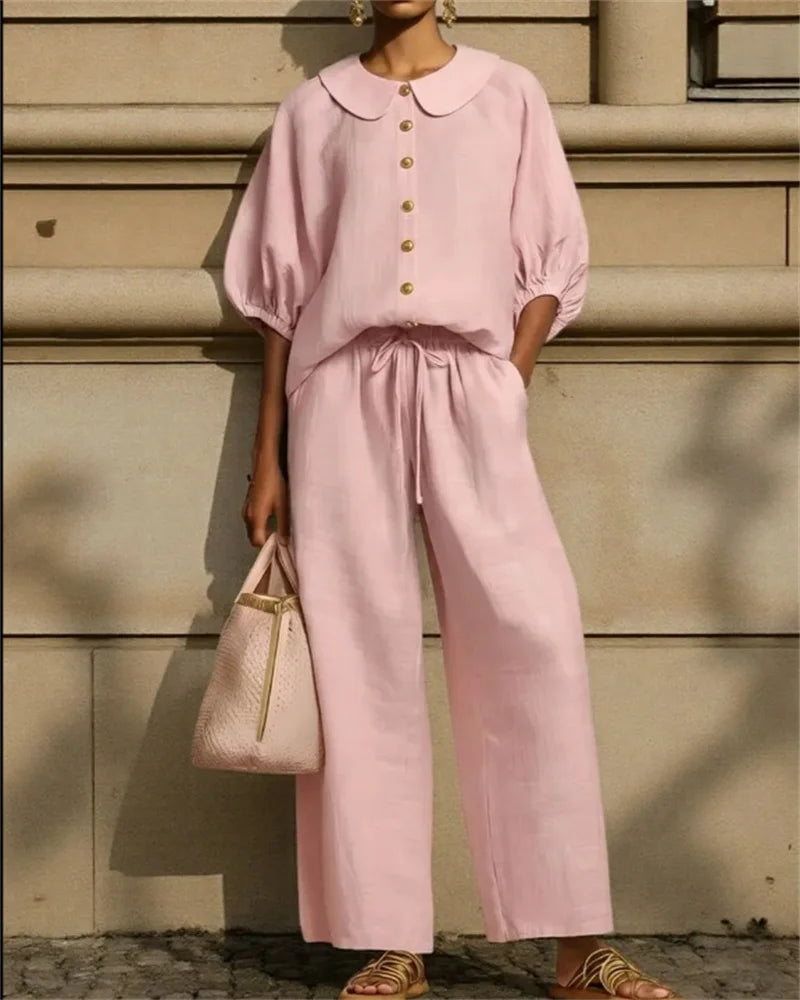 Ensemble 2PCS Chemise à Col Claudine & Pantalon Ample - Femme 2026