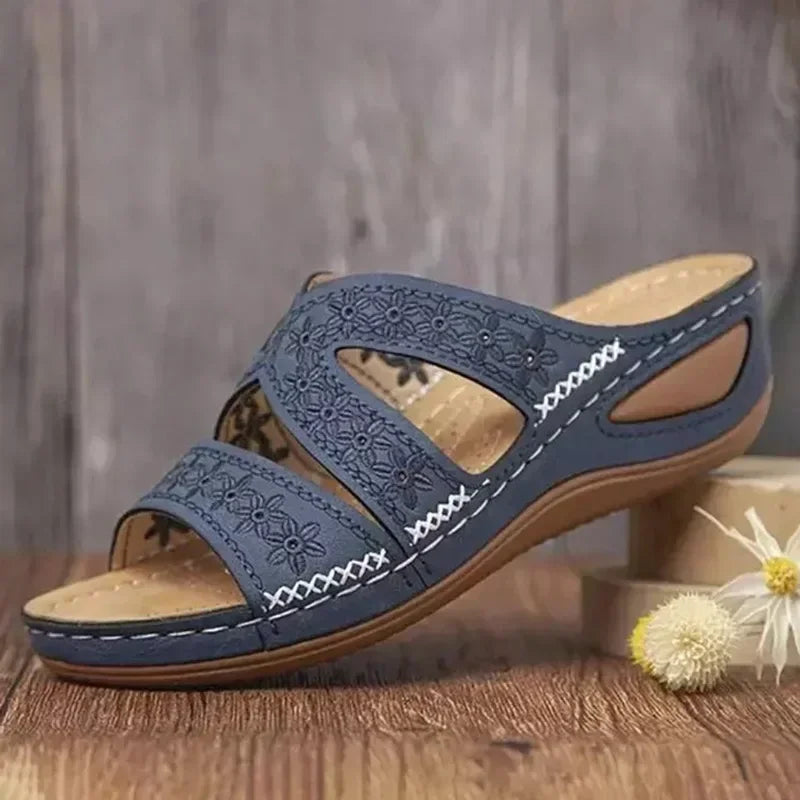 Sandales Orthopédiques Compensées Femme avec Surpiqûres Florales