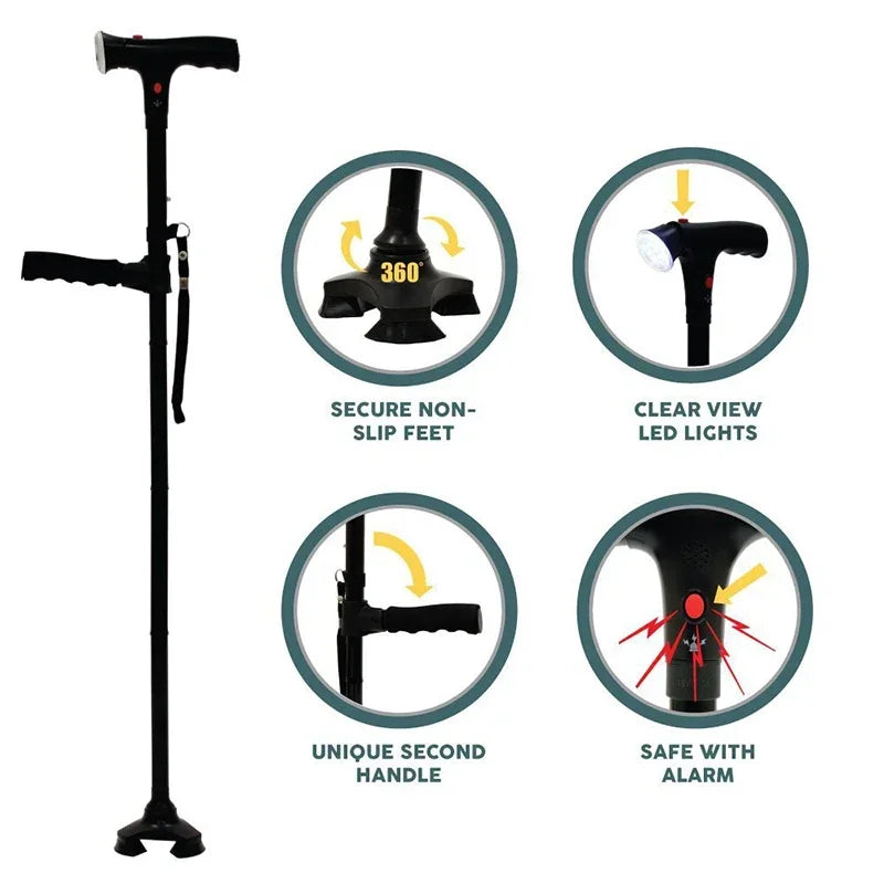 Canne de Marche Pliable avec Lampe LED, Alarme et Poignée Double