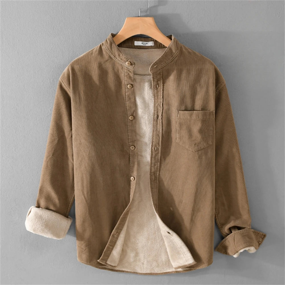 Chemise en Velours Côtelé à Col Mao & Doublure Polaire