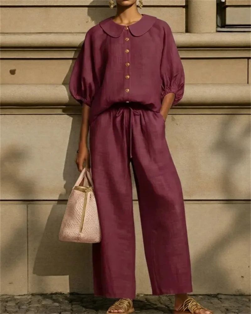 Ensemble 2PCS Chemise à Col Claudine & Pantalon Ample - Femme 2026