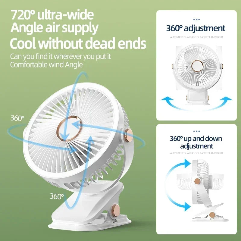 Ventilateur portable 360° facile à clipser - Eclairage LED intégré