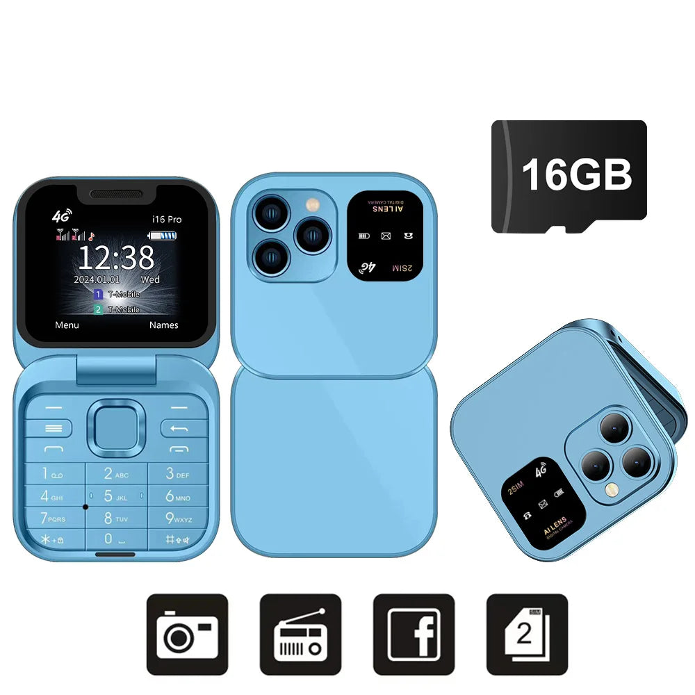 Mini Téléphone SERVO I16 Pro à Clapet 4G – Double SIM, Radio FM, Lecteur Vidéo & Numérotation Rapide