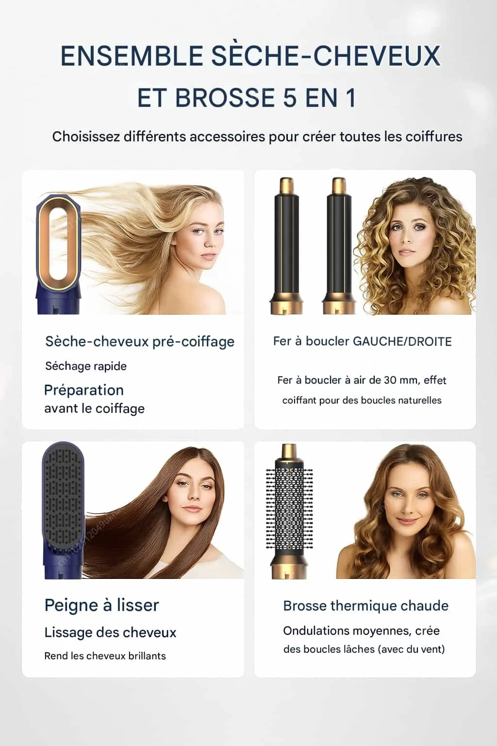 Brosse Soufflante 5 en 1 à Air Chaud - Séchage, Lissage & Brushing Rapide