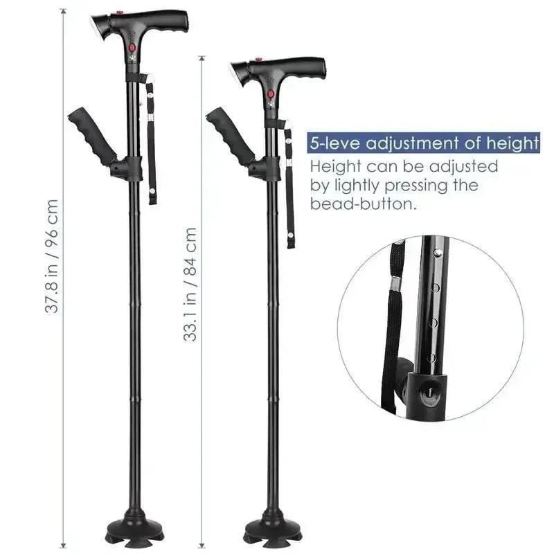 Canne de Marche Pliable avec Lampe LED, Alarme et Poignée Double