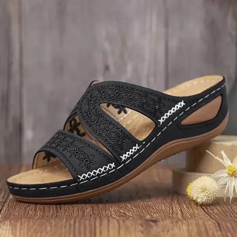 Sandales Orthopédiques Compensées Femme avec Surpiqûres Florales