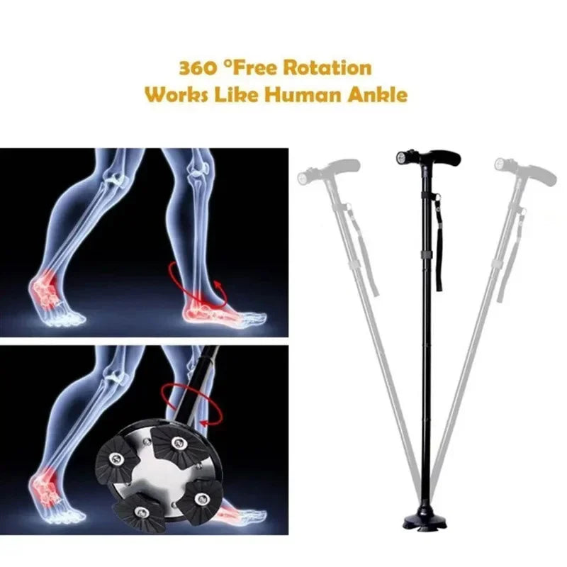 Canne de Marche Pliable avec Lampe LED, Alarme et Poignée Double