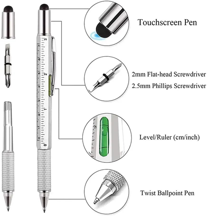 Stylo Multifonction 7-en-1 – Stylet Tactile, Tournevis, Règle, Niveau à Bulle & Stylo à Bille Rechargeable