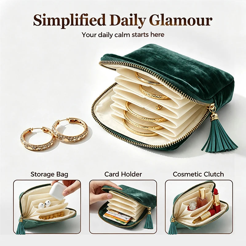 Pochette de Rangement pour Bijoux en Velours à Fermeture Éclair – Organisateur de Voyage à Compartiments