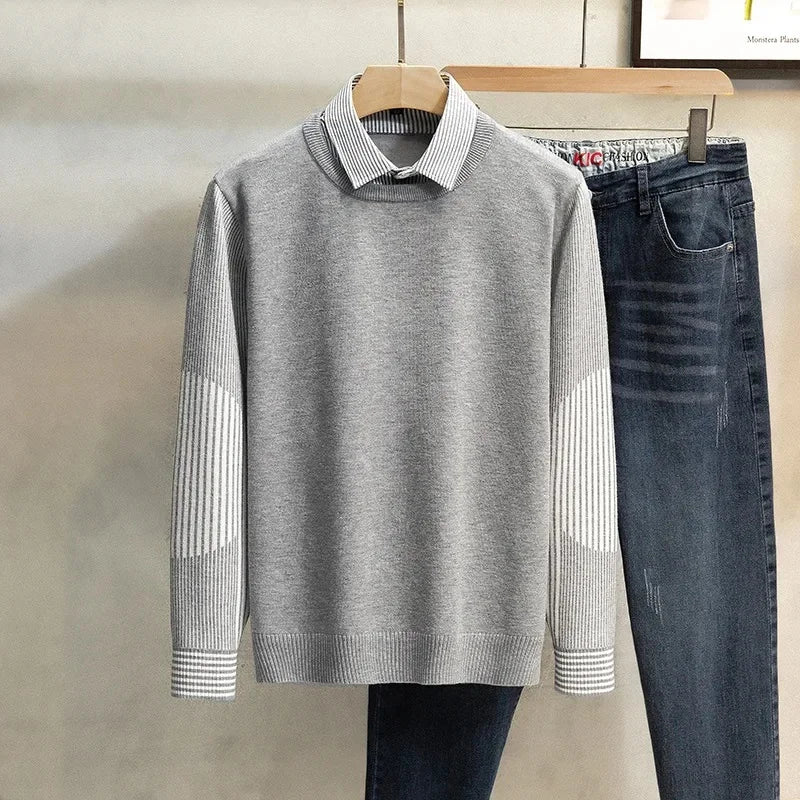Pull 2 en 1 avec Chemise à Rayures et Détails Manches - Homme