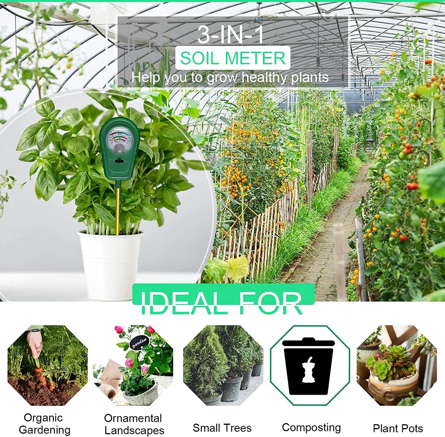 Testeur de Sol 3-en-1 – Mesure de l'Humidité, du pH et de la Fertilité pour Jardin, Plantes et Potager