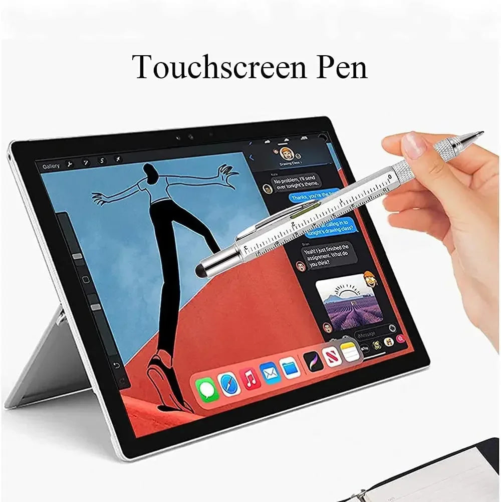 Stylo Multifonction 7-en-1 – Stylet Tactile, Tournevis, Règle, Niveau à Bulle & Stylo à Bille Rechargeable