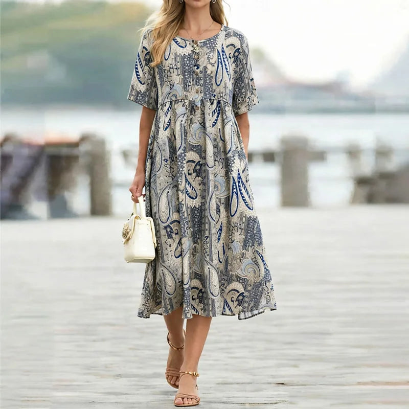 Robe midi décontractée grande taille à imprimé — col rond, manches courtes, poches pratiques