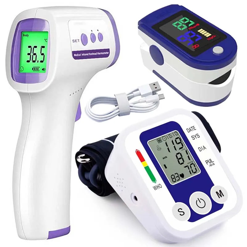 Pack de 3 Appareils de Surveillance Santé à Domicile – Thermomètre, Tensiomètre Bras et Oxymètre de Pouls