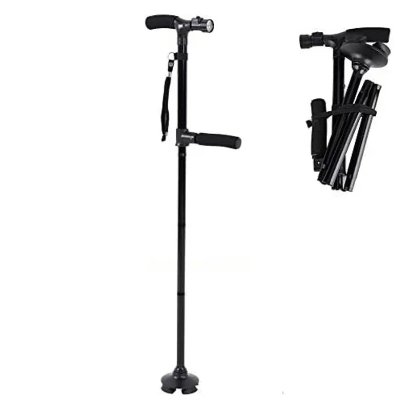 Canne de Marche Pliable avec Lampe LED, Alarme et Poignée Double