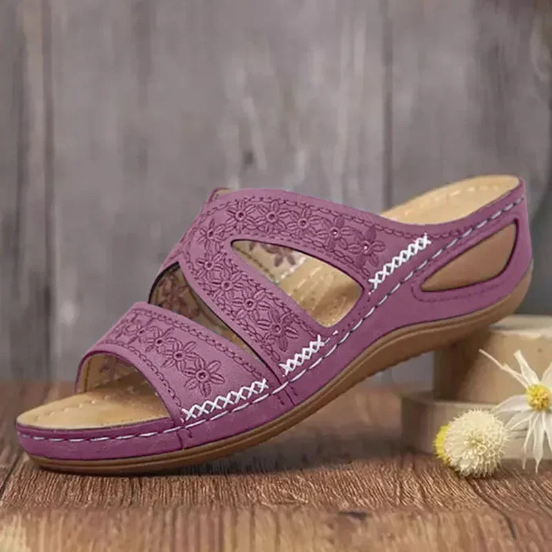 Sandales Orthopédiques Compensées Femme avec Surpiqûres Florales